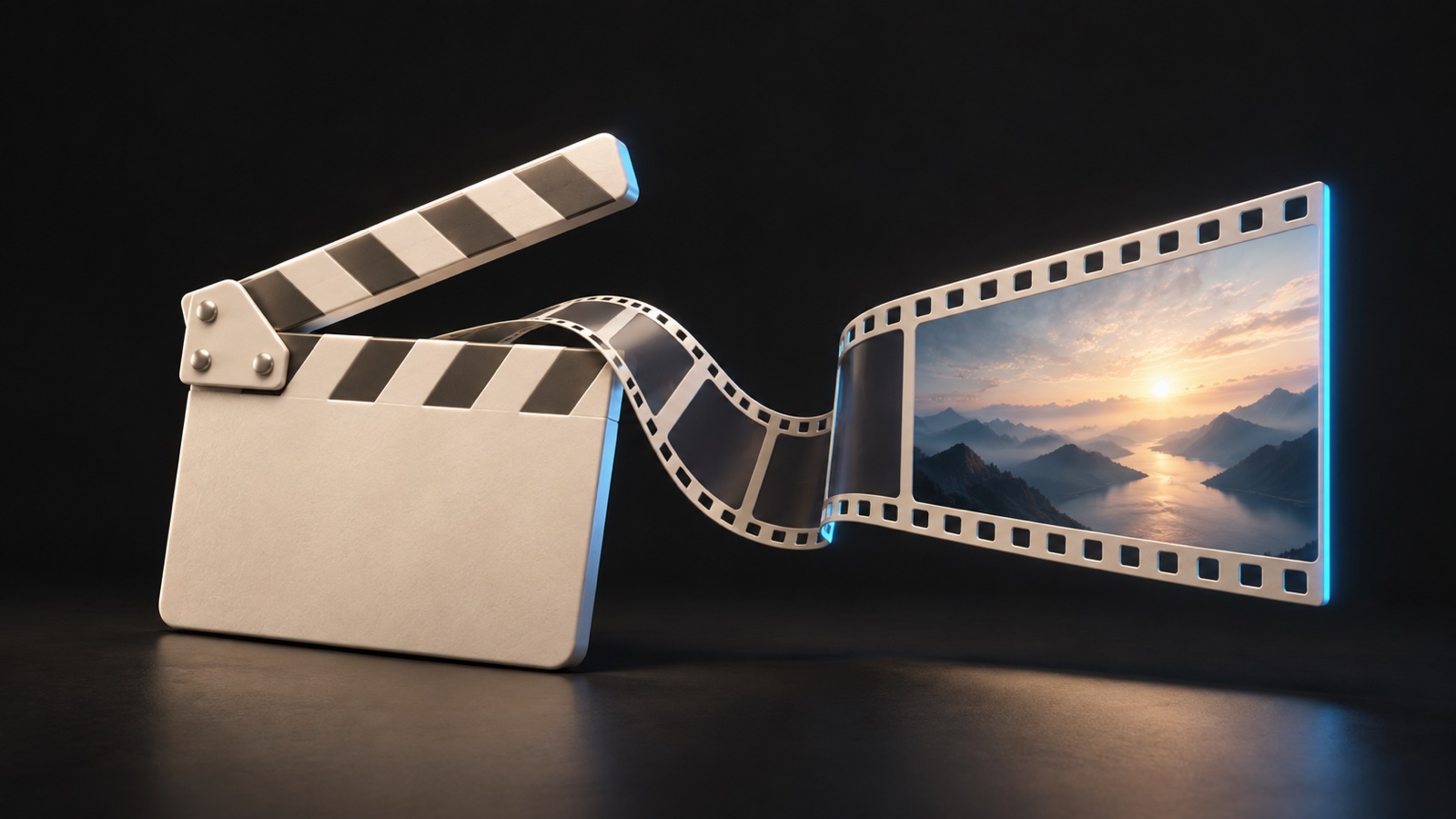 Klaketten çıkan film şeridinin manzara gösteren ekrana dönüştüğü illüstrasyon.