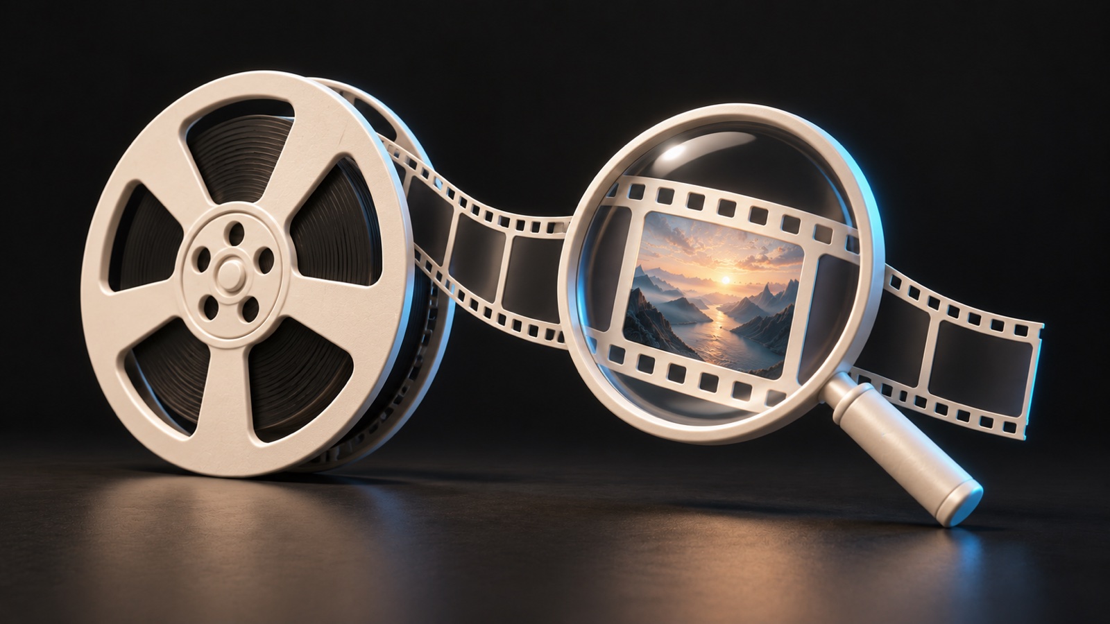 Film makarası ve bir manzara karesini büyüten büyüteç.