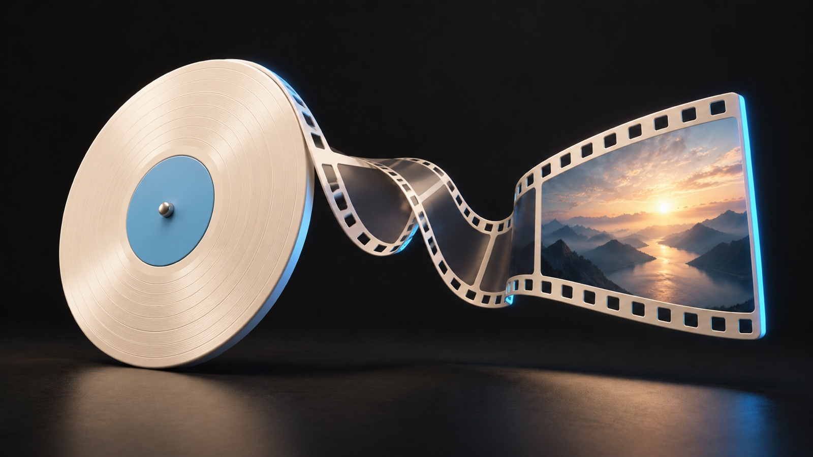 Film şeridi ve manzara ekranıyla birleşen açık renk plak.