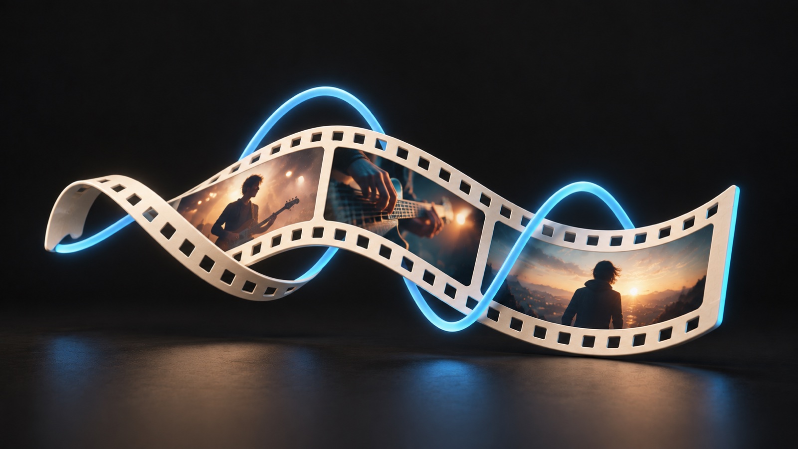Müzisyen görüntüleri taşıyan film şeridiyle birleşen mavi ses dalgası.