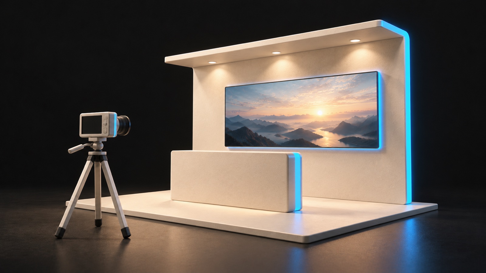 Fotoğraf makinesi karşısında tezgâh ve ekran içeren fuar standı maketi.